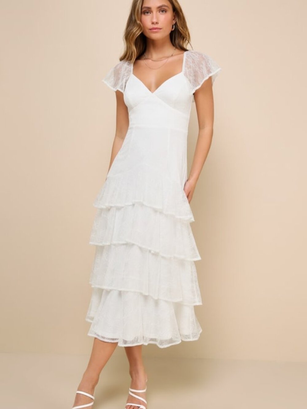 Lulus Graceful Darling White Lace Flutter Sleeve Tiered Midi Dress - Size Large